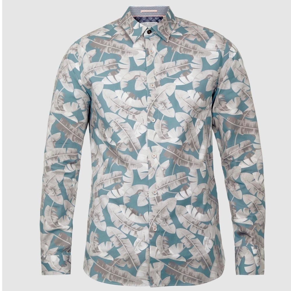 Ted Baker Ramseys Button Down Shirt Men’s XL (Ted 5) Blue Palm Leaf Flip Cuff